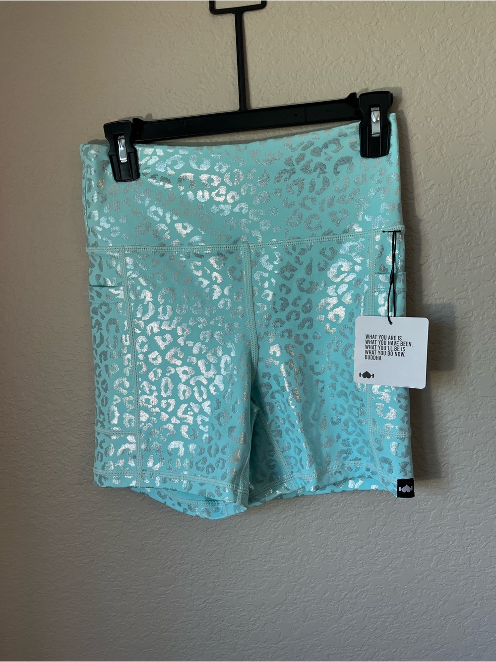 NWT WodBottom Shiny Hiney Leopard Shorts M Aqua Silver Metallic CrossFit